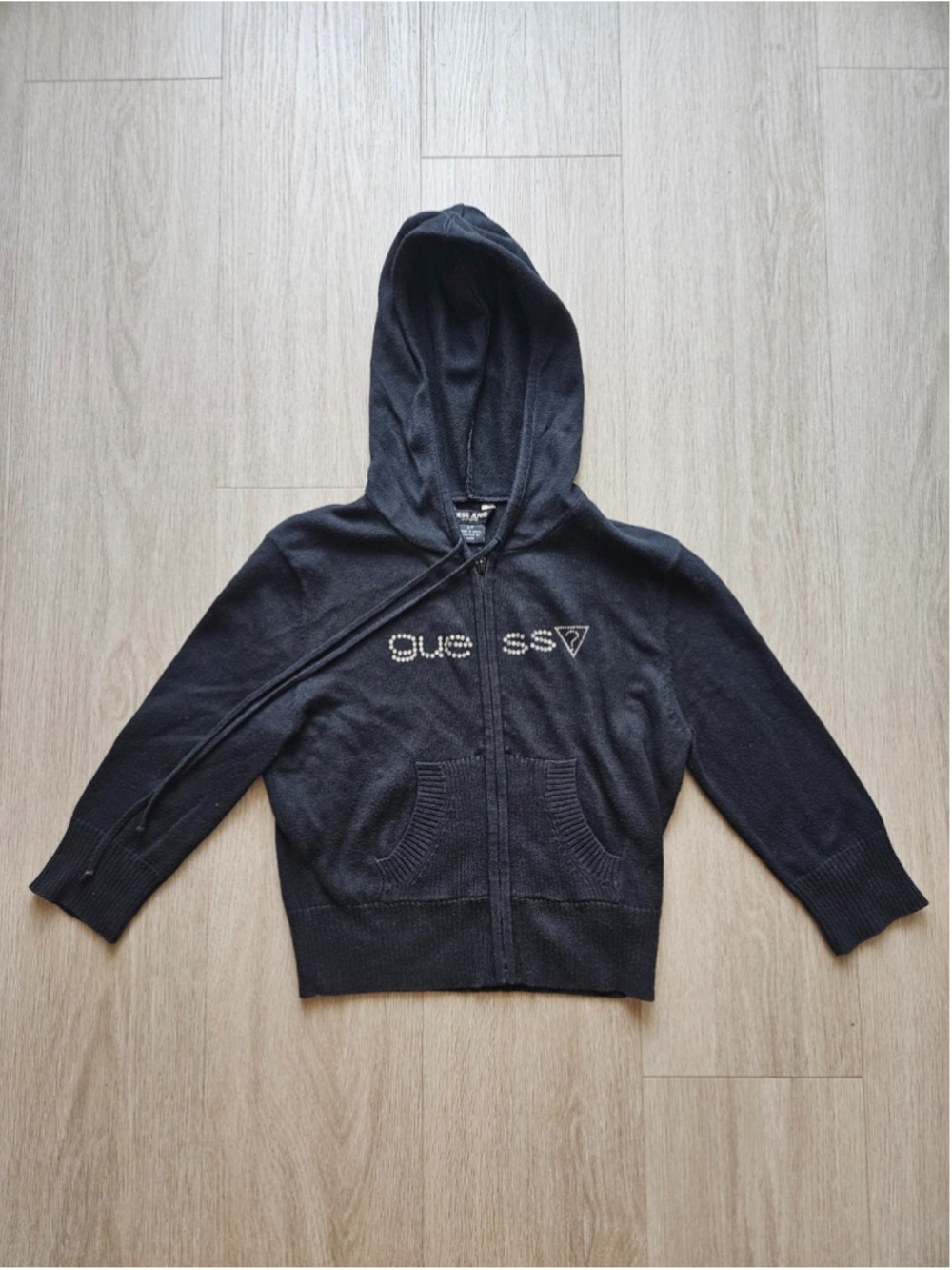 Guess Jeans Y2K Logo Black Zip Up Hoodie Sweater Rhinestone Logo Women's Size S